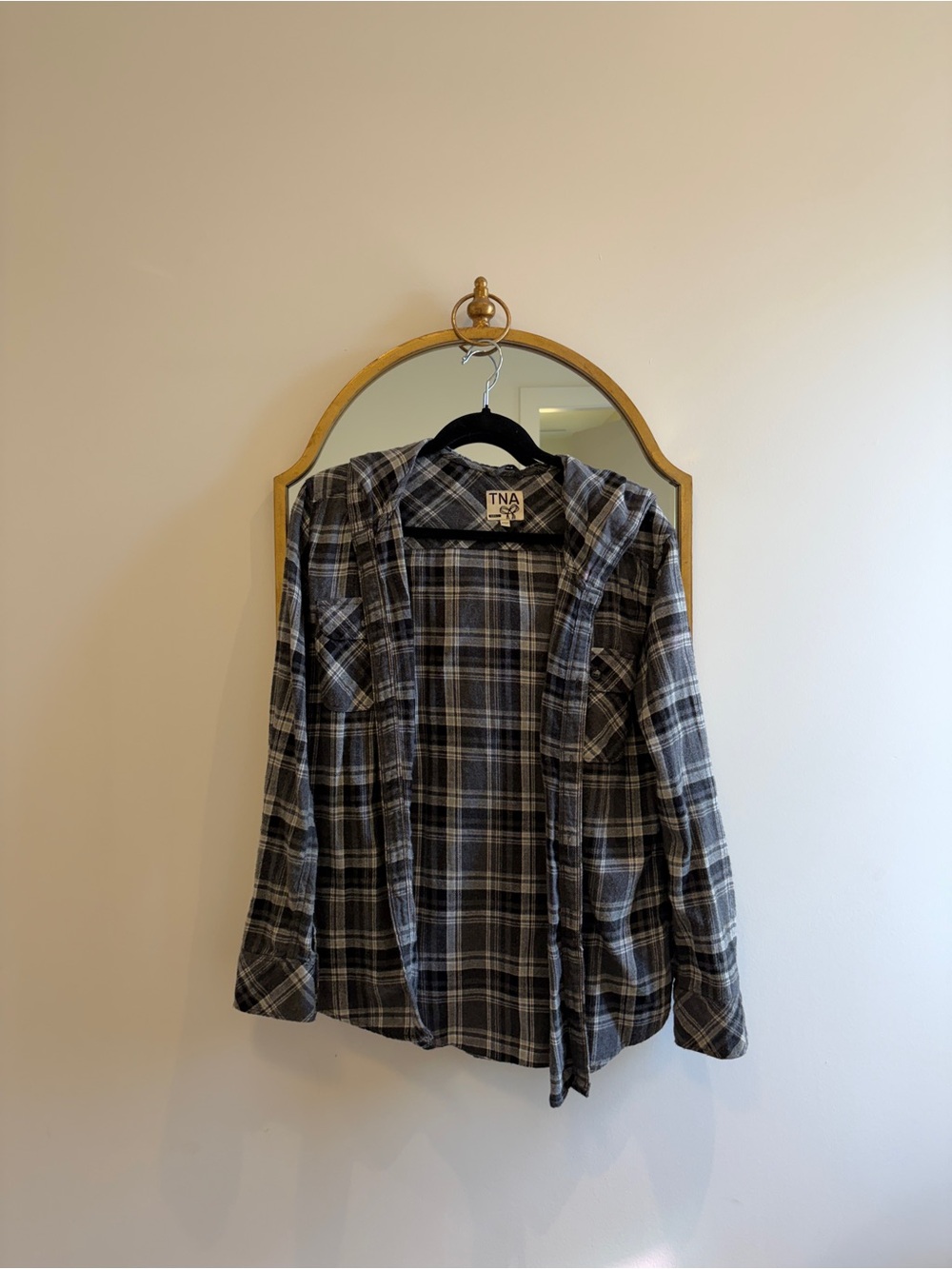 TNA Hooded Plaid Flannel Shirt Jacket in Black and Gray